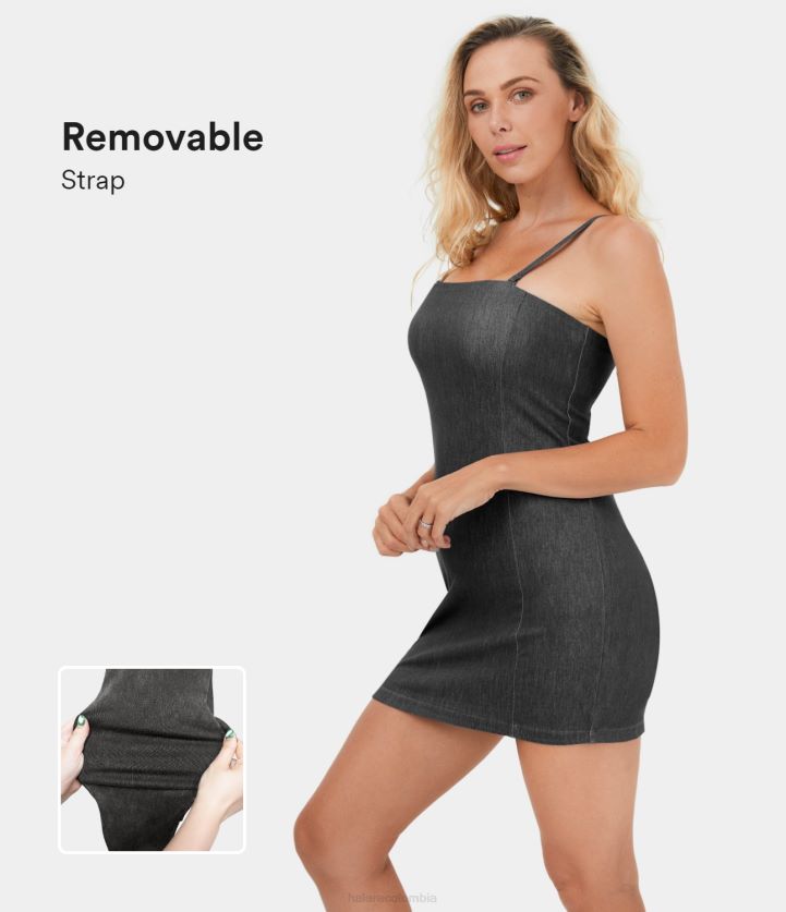 ropa denim lavado negro BBV2NZ1127 mujer Halara Mini vestido casual de mezclilla de punto elástico, ajustado, sin espalda, con tirantes ajustables y extraíbles mágicos