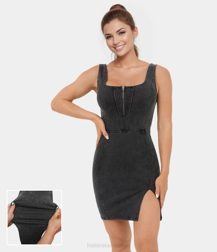 ropa mezclilla gris oscuro BBV2NZ1096 mujer Halara Mini vestido informal de mezclilla de punto elástico, ajustado, sin espalda, con dobladillo dividido, sin mangas, con media cremallera mágica