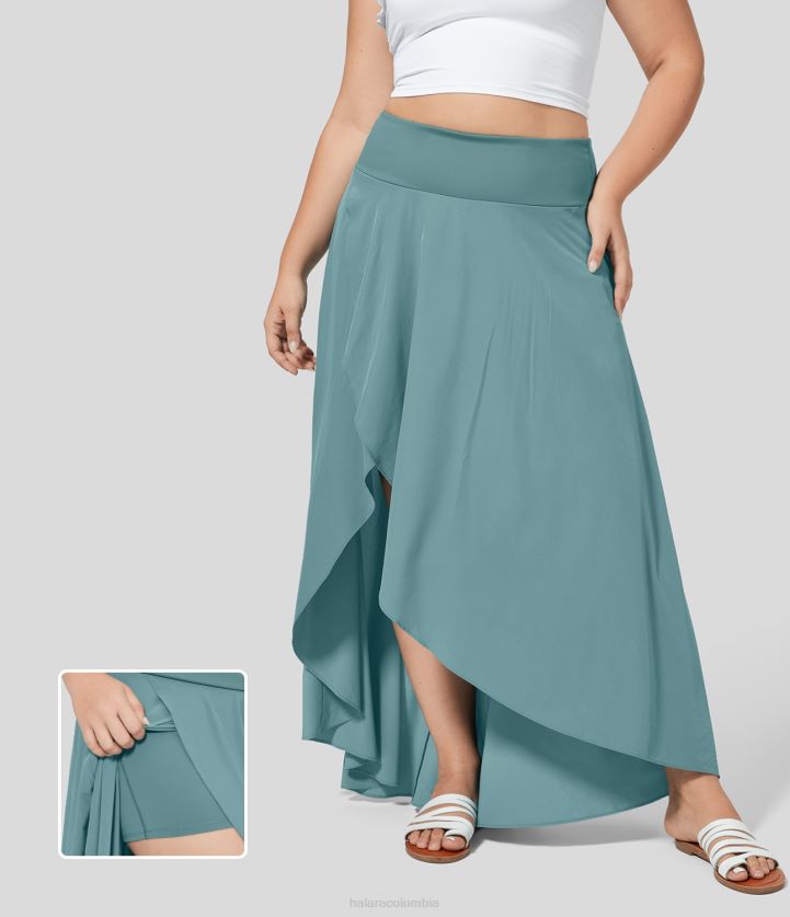 fondos azul mineral BBV2NZ765 mujer Halara Falda midi 2 en 1 fluida de talle alto y volantes altos y bajos, informal, de secado rápido, de talla grande