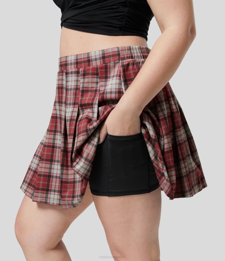 fondos cuadros rojo ladrillo BBV2NZ545 mujer Halara Minifalda informal plisada a cuadros con bolsillo lateral 2 en 1 de talle alto y talla grande