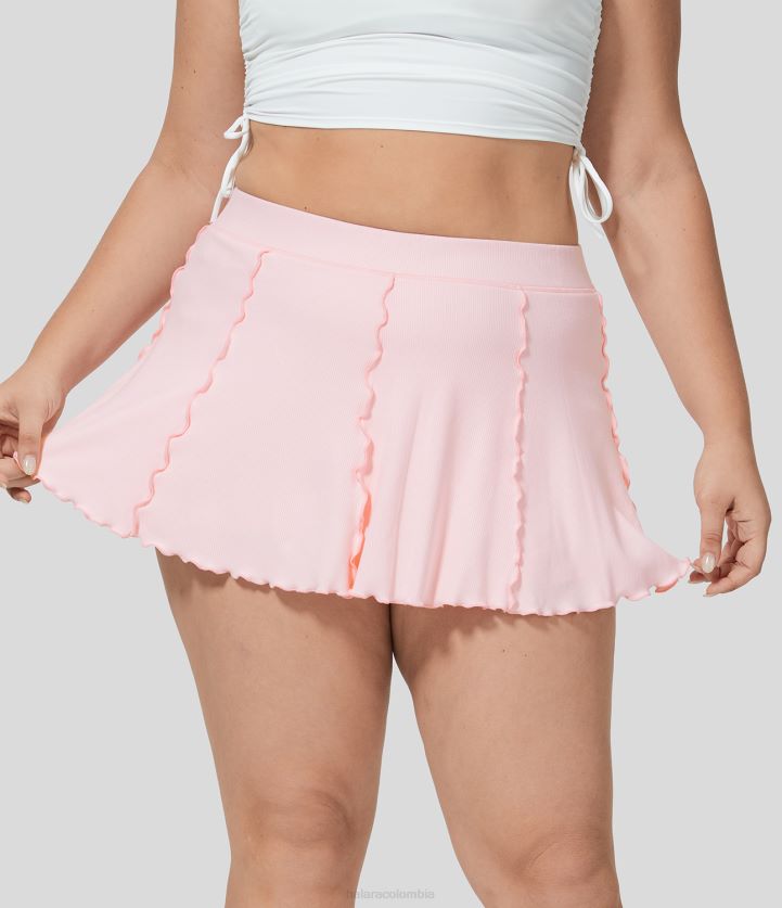 fondos rosa neblina rosa BBV2NZ689 mujer Halara Minifalda de tenis de talla grande 2 en 1 con ribete en contraste y cintura alta de punto acanalado