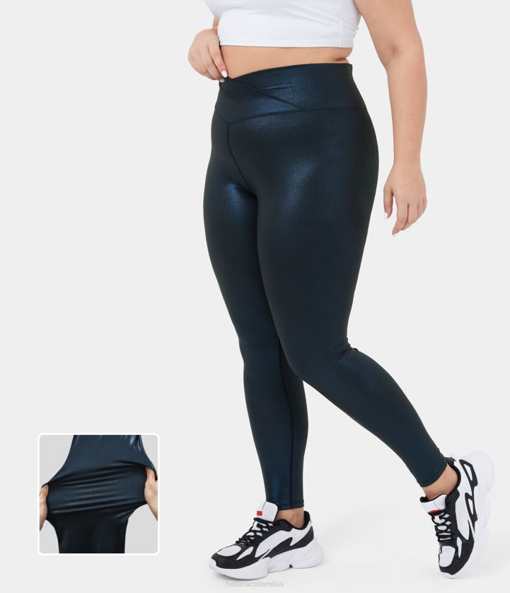 fondos azul medianoche brillante BBV2NZ1521 mujer Halara Softlyzero leggings de yoga elásticos de talla grande con estampado metalizado y bolsillo trasero cruzado de piel sintética