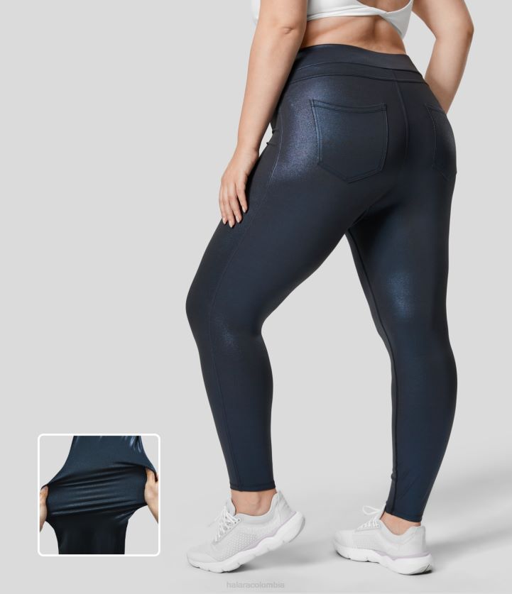 fondos azul medianoche brillante BBV2NZ1542 mujer Halara softlyzero leggings de trabajo de talla grande 7/8 con bolsillo lateral trasero y talle alto de piel sintética
