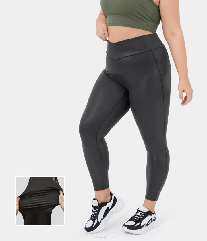 fondos negro brillante anochecer BBV2NZ1523 mujer Halara Leggings elásticos de yoga de talla grande 7/8 con estampado metalizado y bolsillo cruzado de piel sintética de softlyzero