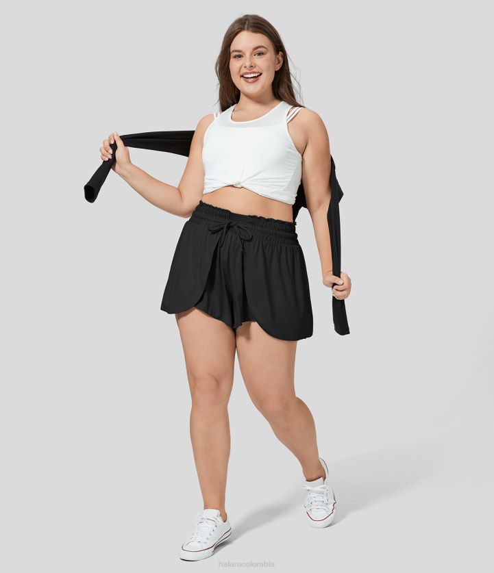 fondos negro BBV2NZ1269 mujer Halara pantalones cortos casuales fluidos apilados de talla grande con volantes talle alto cinturilla elástica con cordón