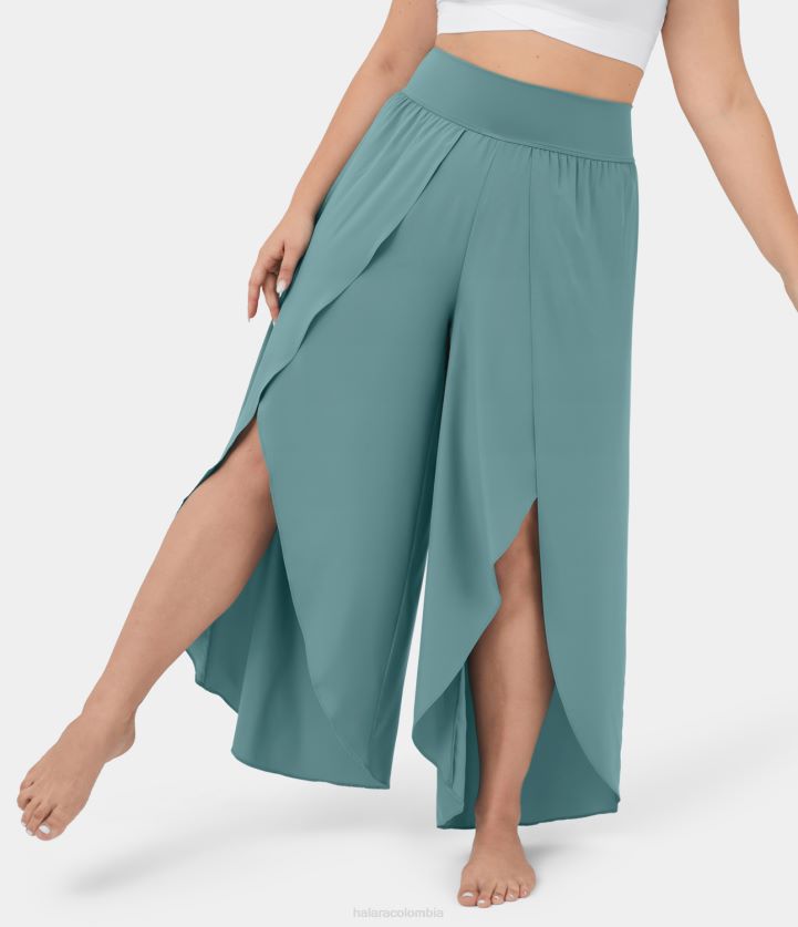 fondos azul mineral BBV2NZ2119 mujer Halara Breveful cintura alta cintura trasera bolsillo palazzo fluido pierna ancha dividida secado rápido casual pantalones de talla grande