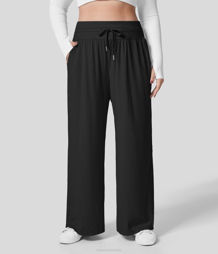 fondos negro BBV2NZ2135 mujer Halara pantalones casuales de talle alto con cordón y bolsillo lateral, pierna ancha, tacto fresco, informales, de talla grande