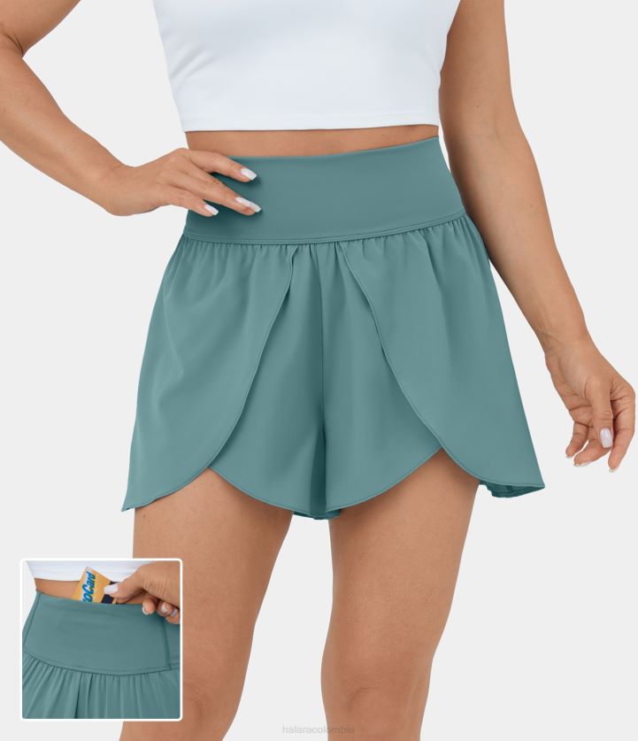 ropa activa azul mineral BBV2NZ1264 mujer Halara pantalones cortos de baile de secado rápido con cintura alta y bolsillo trasero en la cintura, fluidos, divididos, de 3,5 pulgadas