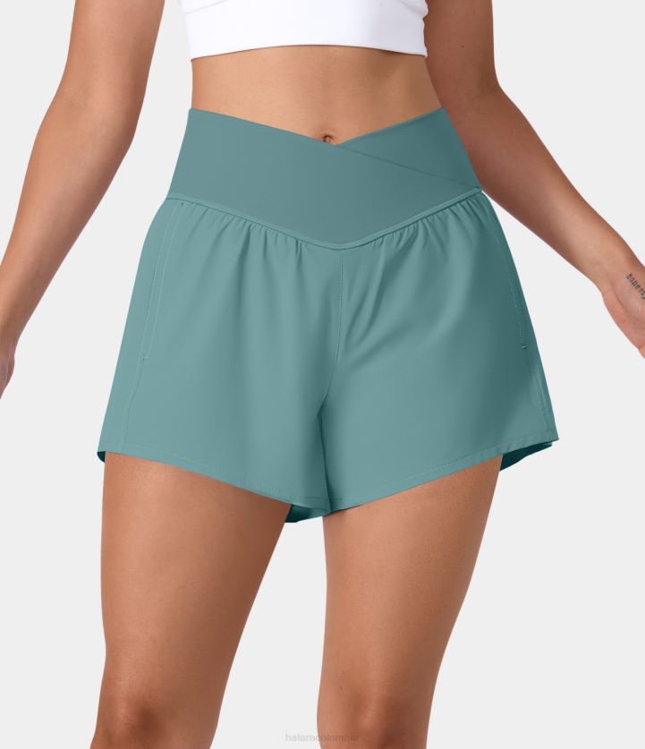 ropa activa azul mineral BBV2NZ1282 mujer Halara pantalones cortos de yoga de secado rápido 2 en 1 con bolsillo lateral cruzado y cintura alta de Breeze, 4"