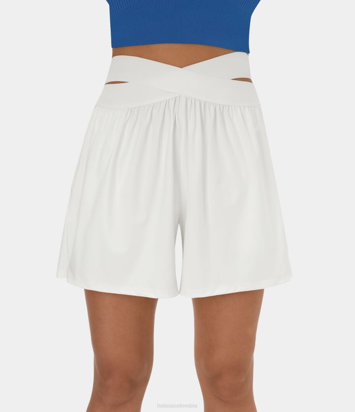 ropa activa blanco BBV2NZ1291 mujer Halara pantalones cortos casuales cruzados de cintura alta con abertura y bolsillo lateral de 5"