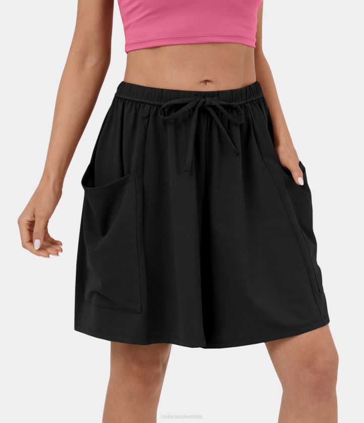 ropa activa negro BBV2NZ1266 mujer Halara pantalones cortos informales de pierna ancha y fluidos palazzo con bolsillo lateral con cordón y cinturilla elástica de talle medio