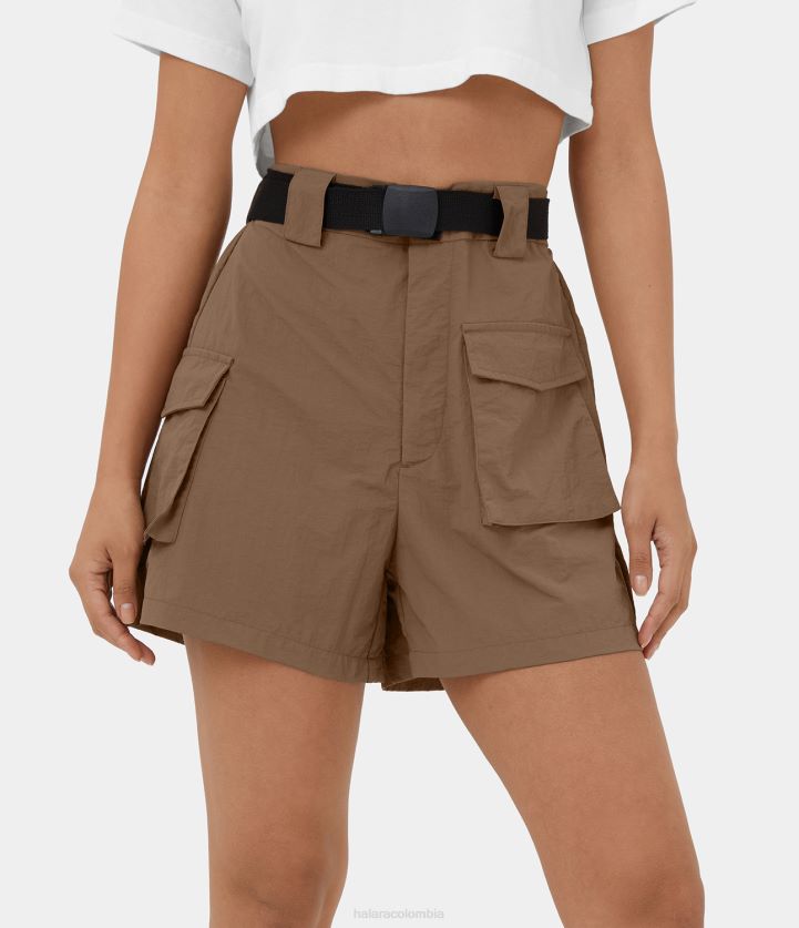 ropa activa trepatroncos BBV2NZ262 mujer Halara pantalones cortos cargo informales con bolsillo con solapa y cremallera con botón y cinturón de cintura alta de 4''