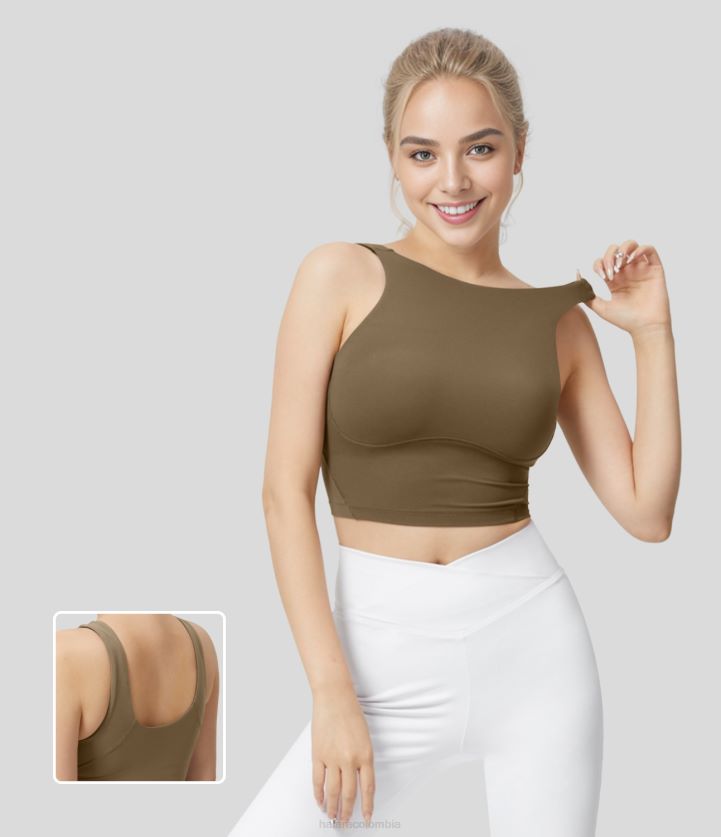 ropa activa Castaño BBV2NZ1756 mujer Halara Softlyzero camiseta sin mangas corta de yoga de color liso con cuello redondo, espalda descubierta y espalda en U