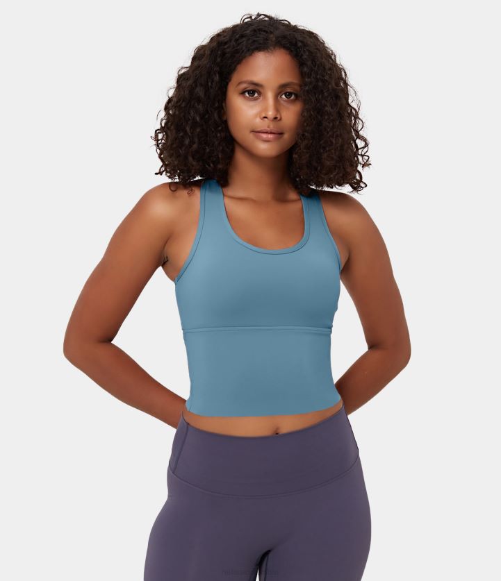 ropa activa Cielo azul BBV2NZ1680 mujer Halara Softlyzero camiseta sin mangas corta de yoga con cuello en U, espalda cruzada, espalda descubierta y aberturas