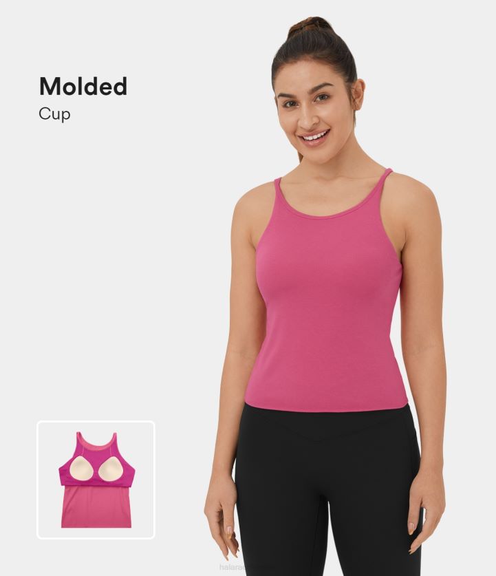 ropa activa Rosa impactante BBV2NZ1733 mujer Halara Camiseta sin mangas informal de algodón con cuello redondo y punto acanalado
