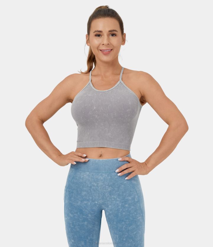 ropa activa azul grisáceo lavado BBV2NZ1754 mujer Halara Camiseta sin mangas de yoga recortada lavada con espalda cruzada, sin mangas, sin costuras y fluida