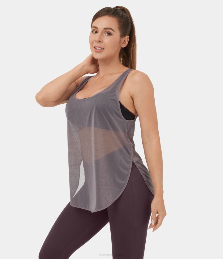 ropa activa batido de uva BBV2NZ1785 mujer Halara Top sin mangas de yoga transparente con dobladillo curvado y cuello en U