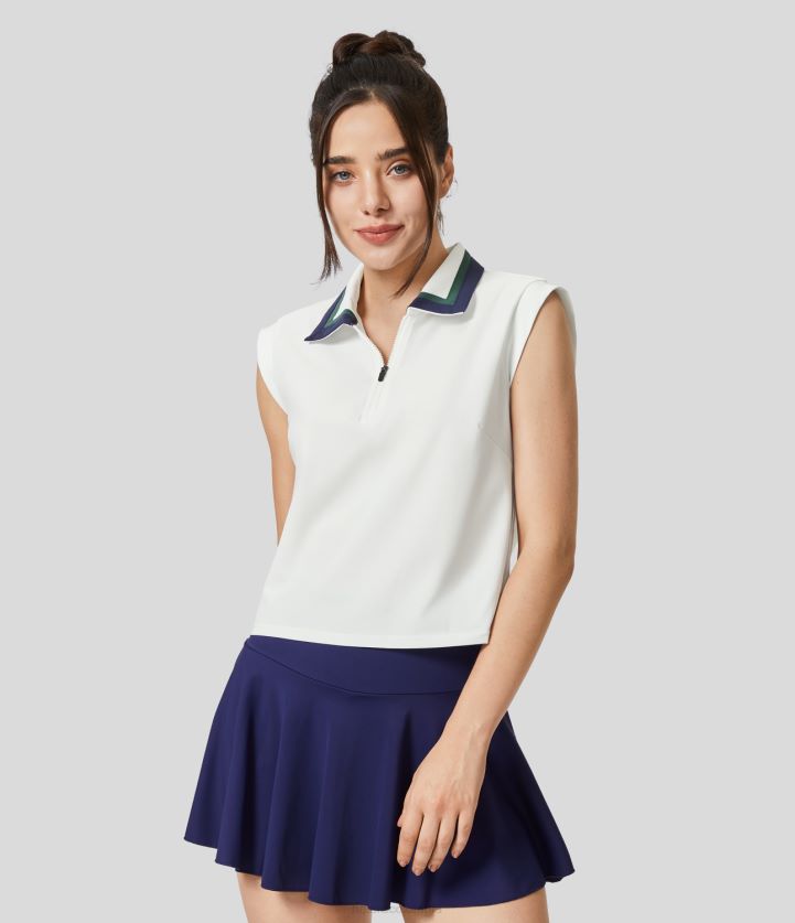 ropa activa blanco escarcha BBV2NZ1741 mujer Halara Camiseta sin mangas de golf con cuello y media cremallera, bloques de color y tacto fresco