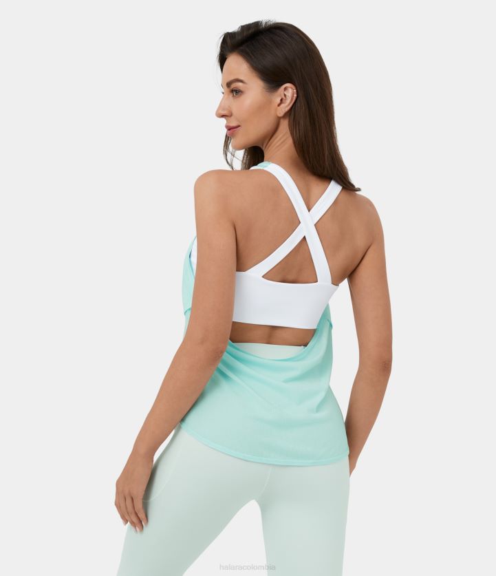 ropa activa jade claro de luna BBV2NZ1788 mujer Halara Camiseta sin mangas de yoga jacquard 2 en 1 con abertura torcida, sin mangas, entrecruzada y sin espalda