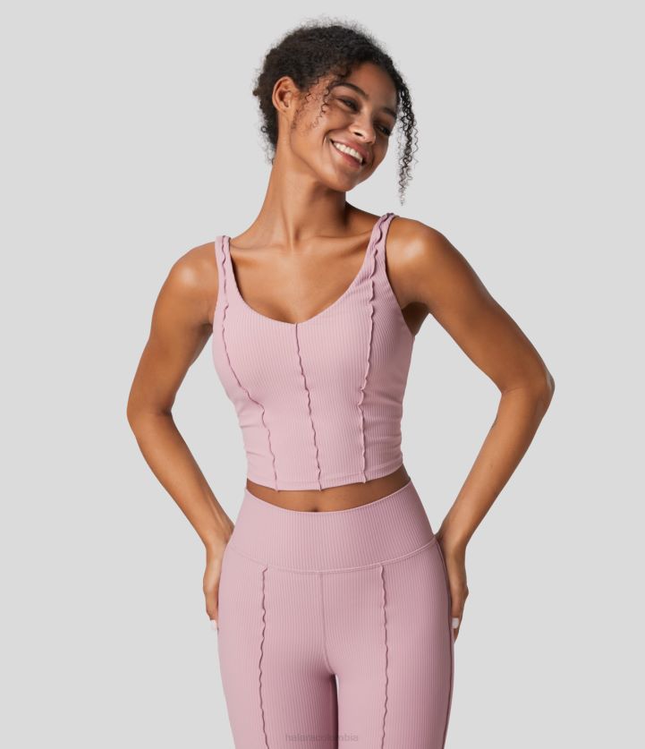 ropa activa malva blanqueada BBV2NZ1712 mujer Halara Top corto sin mangas de yoga con ribete de lechuga y espalda descubierta de canalé