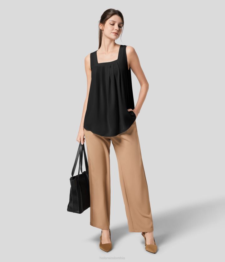 ropa activa negro BBV2NZ1718 mujer Halara camiseta sin mangas con cuello cuadrado y trabajo plicado