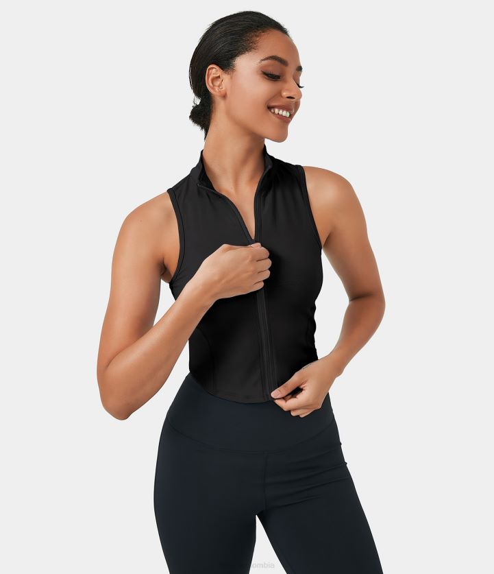 ropa activa negro BBV2NZ1751 mujer Halara Top corto sin mangas con cuello simulado y cremallera en la parte delantera