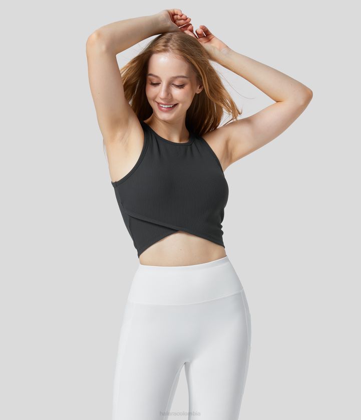 ropa activa negro BBV2NZ1775 mujer Halara Softlyzero camiseta sin mangas de yoga unicolor con cuello redondo, sin mangas y dobladillo cruzado