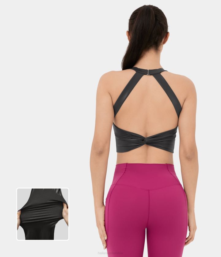 ropa activa negro brillante anochecer BBV2NZ1538 mujer Halara Softlyzero camiseta sin mangas de yoga recortada elástica con estampado metalizado retorcido y espalda descubierta de cuero sintético
