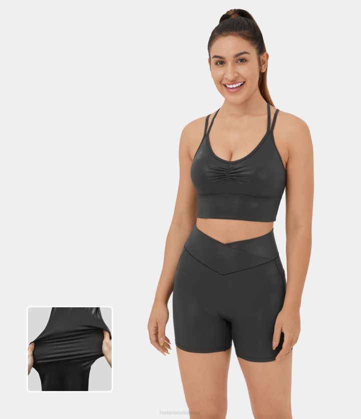ropa activa negro brillante anochecer BBV2NZ1545 mujer Halara Softlyzero Camiseta sin mangas de yoga elástica con estampado metalizado cruzado, espalda descubierta y tirantes dobles fruncidos de piel