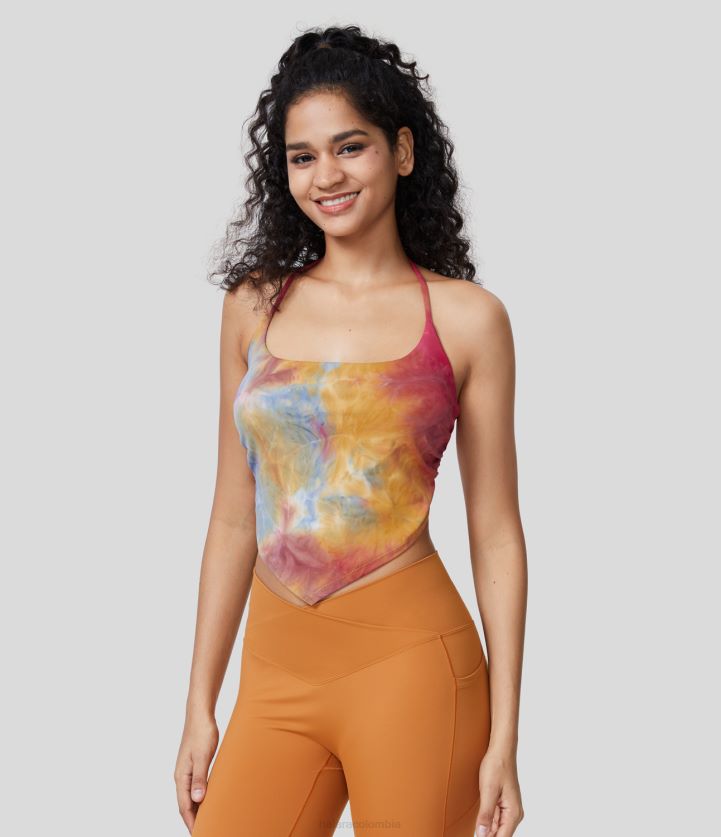 ropa activa original BBV2NZ1742 mujer Halara Camiseta sin mangas de yoga con teñido anudado y dobladillo fruncido lateral con espalda descubierta y cuello halter