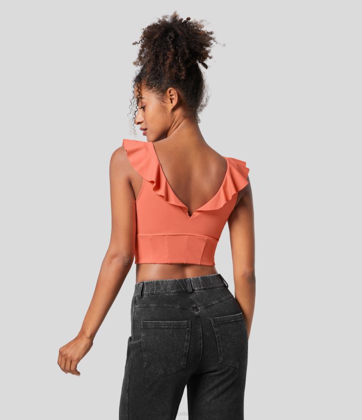 ropa activa salmón fresco BBV2NZ1757 mujer Halara Softlyzero camiseta sin mangas informal recortada con cuello en V, aireada, corsé con volantes, espalda descubierta y tacto fresco