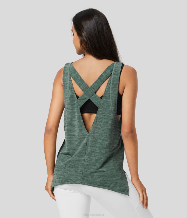 ropa activa textura verde BBV2NZ1711 mujer Halara Camiseta sin mangas para correr con cuello redondo, espalda descubierta y abertura lateral entrecruzada