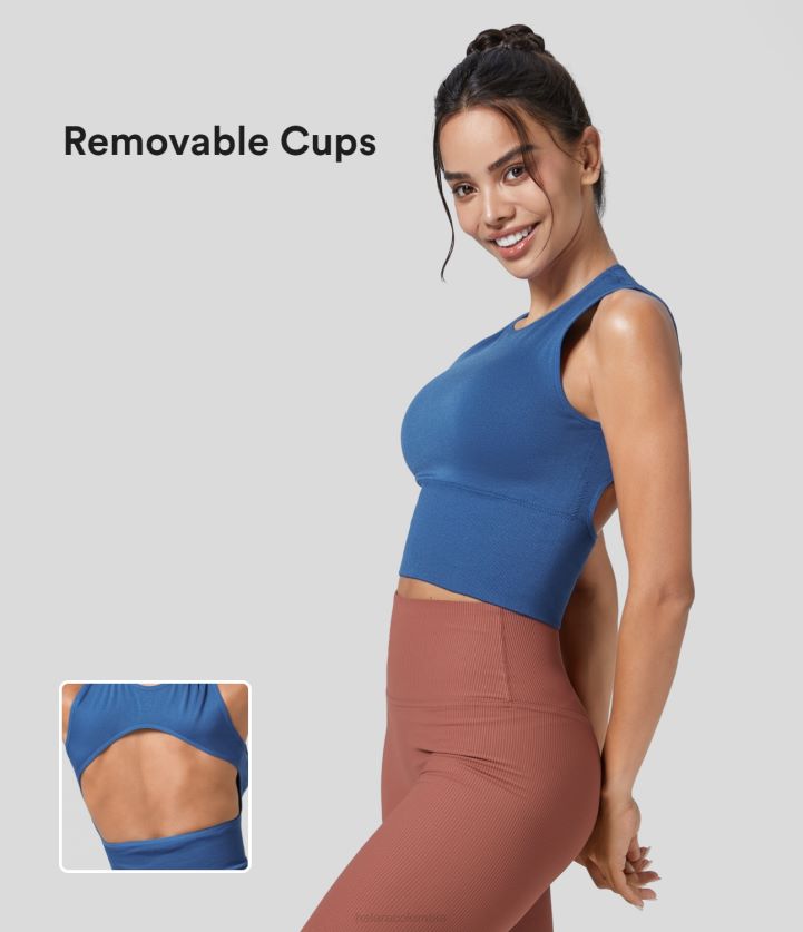 ropa activa zafiro estrella BBV2NZ1710 mujer Halara Camiseta sin mangas de yoga sólida sin espalda, sin mangas, con cuello redondo y flujo sin costuras