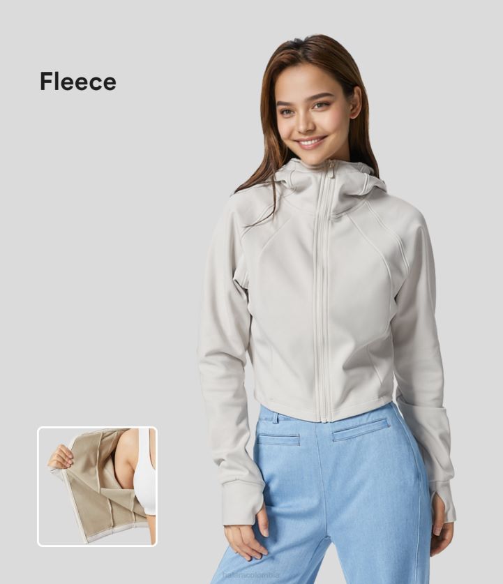 ropa activa aliso blanco BBV2NZ1980 mujer Halara chaqueta casual recortada de lana con capucha y manga raglán con orificio para el pulgar y cremallera