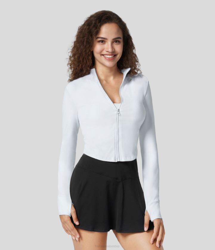 ropa activa blanco BBV2NZ1971 mujer Halara chaqueta de golf corta con cuello simulado y cremallera en la parte delantera con orificio para el pulgar