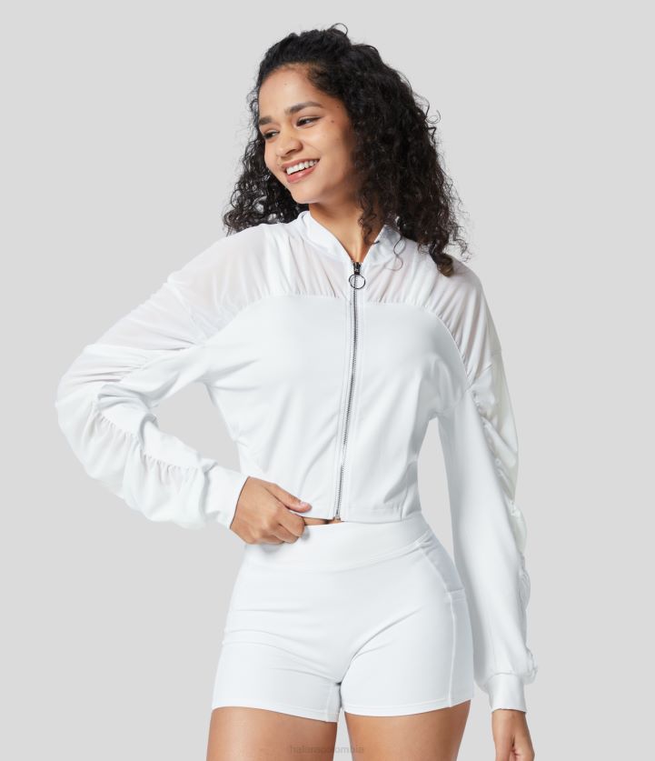 ropa activa blanco BBV2NZ2033 mujer Halara Chaqueta bomber informal con cremallera y manga fruncida de malla en contraste