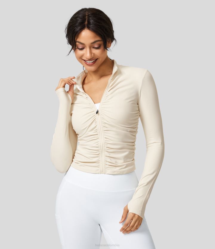 ropa activa estrella solitaria BBV2NZ2051 mujer Halara chaqueta de yoga delgada con cremallera fruncida y orificio para el pulgar con cuello levantado de felpa de softlyzero