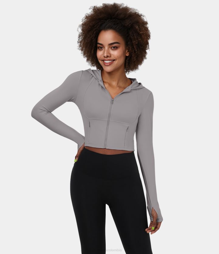 ropa activa gris acero BBV2NZ1975 mujer Halara Softlyzero chaqueta informal corta con capucha de felpa con cremallera y bolsillo lateral con orificio para el pulgar