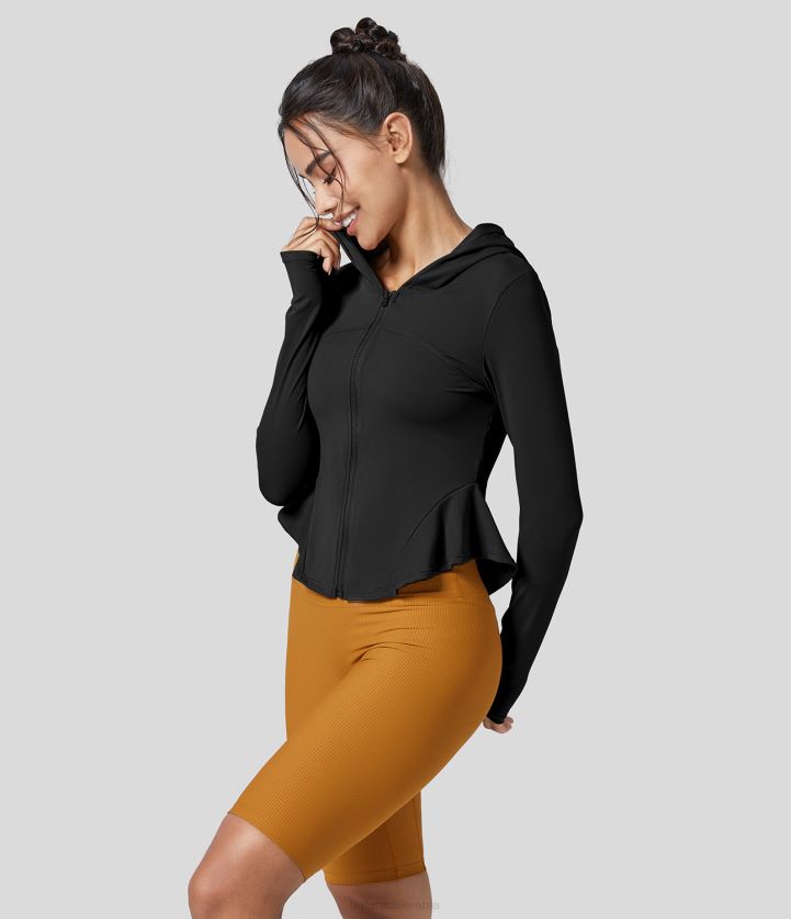 ropa activa negro BBV2NZ2039 mujer Halara Softlyzero chaqueta de yoga delgada con capucha, manga larga, agujero para el pulgar, dobladillo con volantes, cremallera ventilada y tacto fresco
