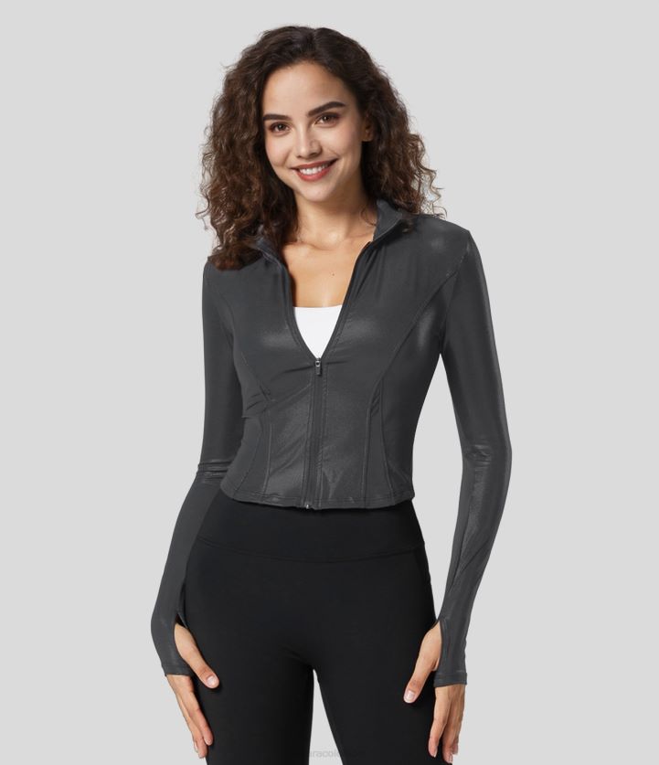 ropa activa negro brillante anochecer BBV2NZ1543 mujer Halara Softlyzero chaqueta informal elástica con cuello simulado de piel sintética y cremallera completa con orificio para el pulgar y estampado