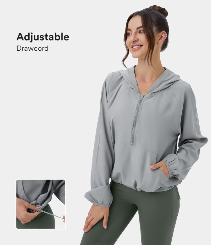 ropa activa plata BBV2NZ2041 mujer Halara chaqueta de yoga con cordón y bolsillo canguro con media cremallera y capucha
