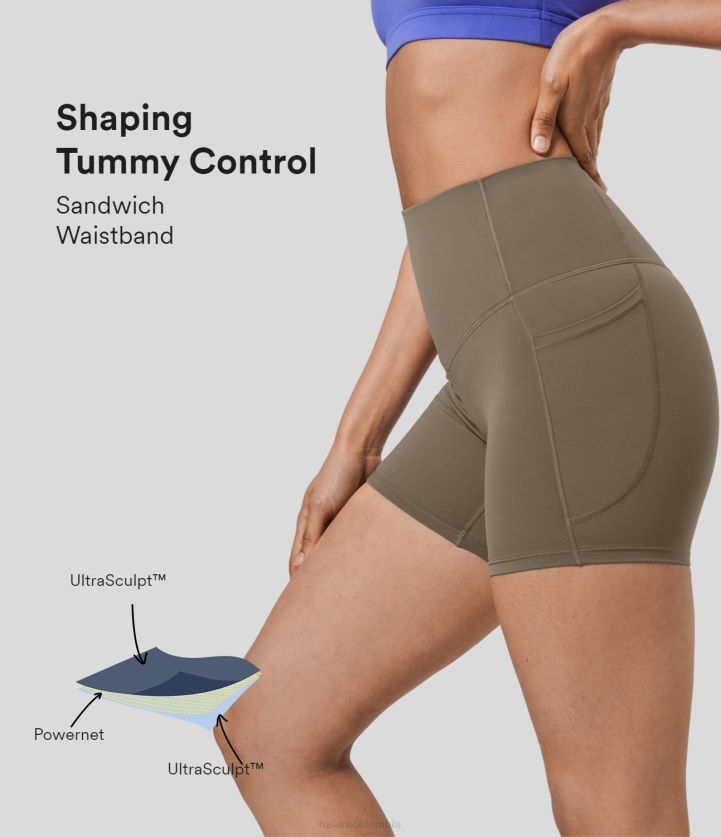 ropa activa amanecer marrón BBV2NZ1418 mujer Halara pantalones cortos de motociclista de entrenamiento moldeador con bolsillo lateral con control de barriga y cintura alta de 5 ''