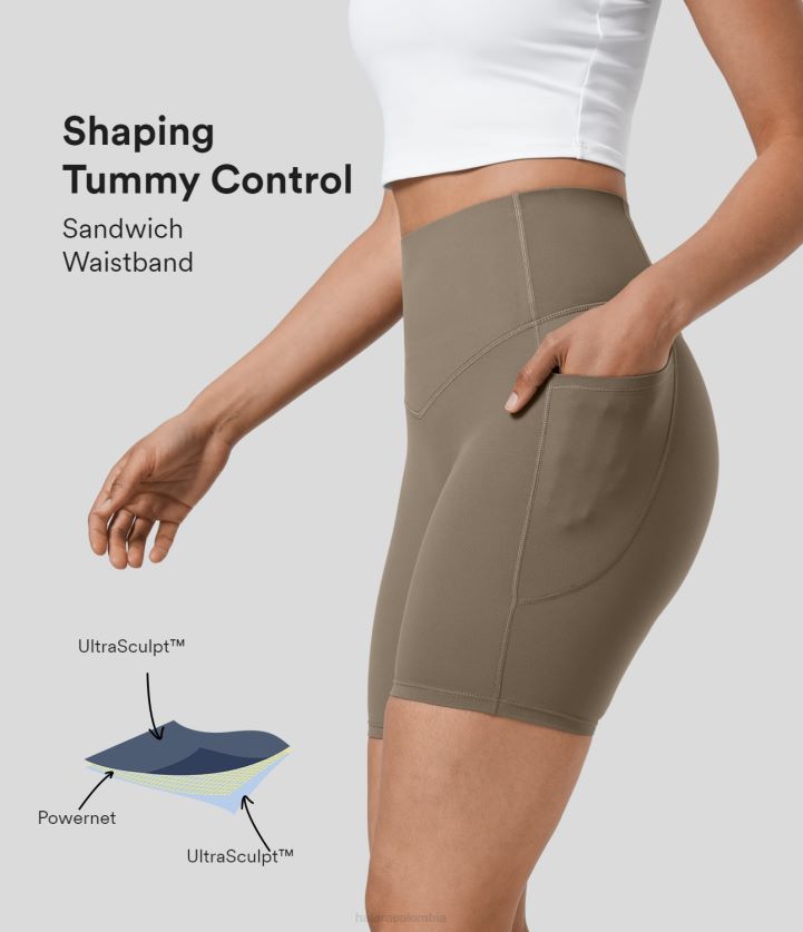 ropa activa amanecer marrón BBV2NZ1429 mujer Halara pantalones cortos de motociclista de entrenamiento moldeador con bolsillo lateral con control de barriga y cintura alta de 7 ''