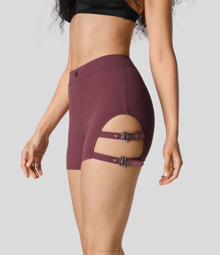 ropa activa caoba roja BBV2NZ1427 mujer Halara pantalones cortos de motociclista casuales con hebilla ajustable de cintura alta de 3 ''