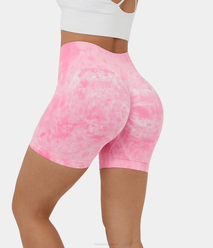 ropa activa flor de teñido anudado BBV2NZ1421 mujer Halara pantalones cortos de motociclista de yoga con teñido anudado fruncido y talle alto sin costuras de 5''