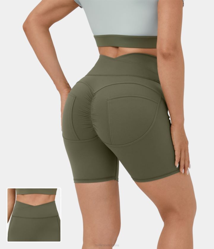 ropa activa hierba gris verde BBV2NZ1304 mujer Halara softlyzero pantalones cortos ciclistas de yoga lisos fruncidos cruzados de talle alto de felpa de 5''