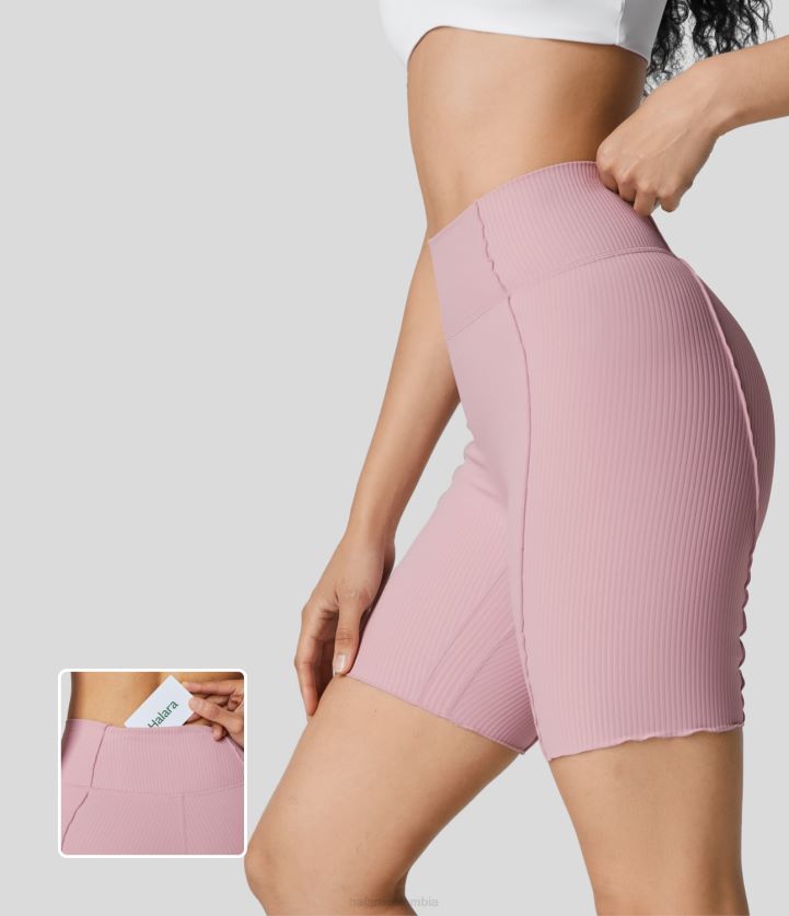 ropa activa malva blanqueada BBV2NZ1437 mujer Halara pantalones cortos de motociclista de yoga con bolsillo trasero y ribete de lechuga de talle alto acanalado de 7''
