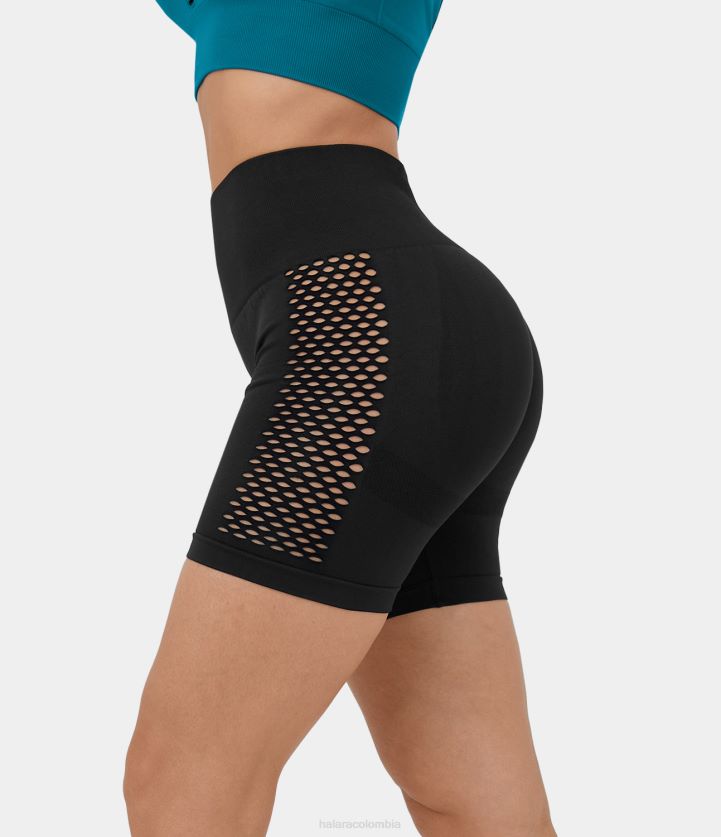 ropa activa negro BBV2NZ1434 mujer Halara shorts ciclistas de yoga fruncidos, con aberturas y talle alto, fluidos y sin costuras