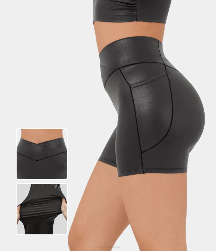 ropa activa negro brillante anochecer BBV2NZ1297 mujer Halara softlyzero pantalones cortos de motociclista casuales elásticos con bolsillo lateral cruzado de cintura alta de cuero sintético con estamp