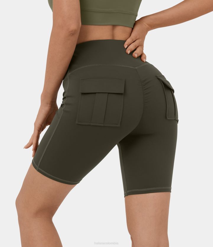 ropa activa noche del bosque BBV2NZ257 mujer Halara pantalones cortos de motociclista cargo de yoga con bolsillo trasero con solapa y talle alto de 7''